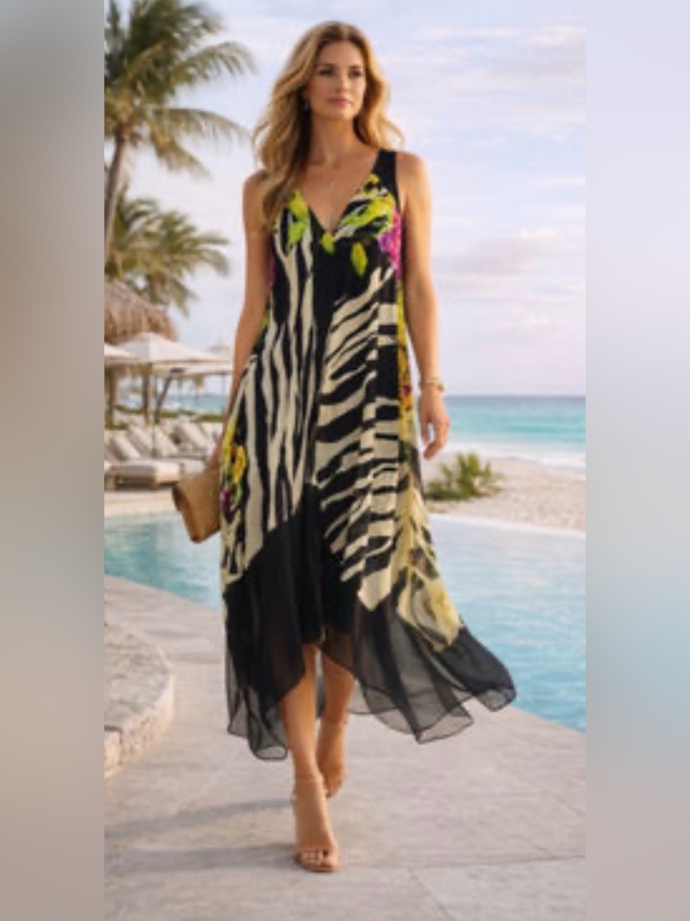 Joseph Ribkoff Zebra and Tropical Floral Maxi Dress Sz 4